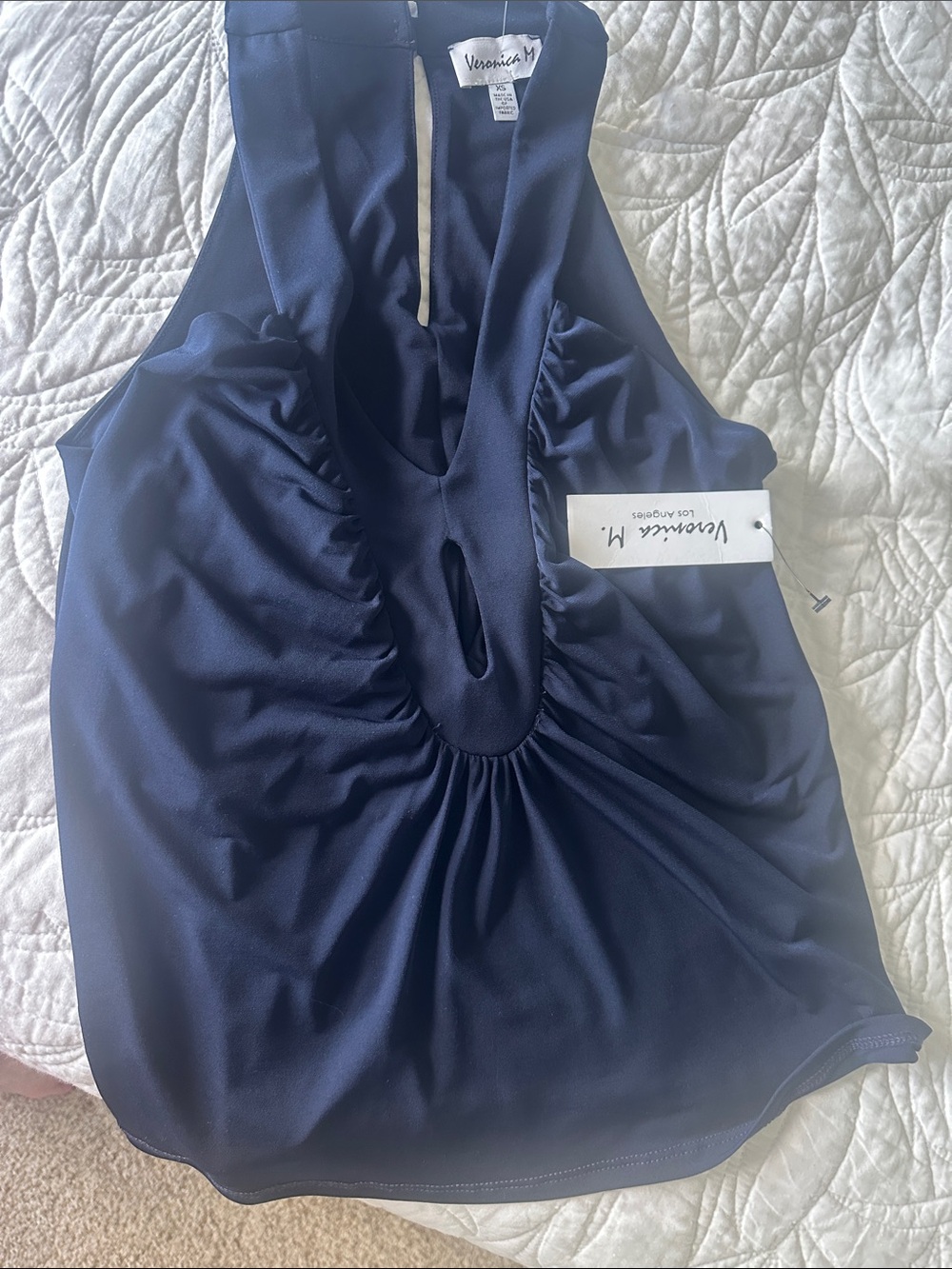Veronica M Navy Keyhole Gathered Sleeveless Tank